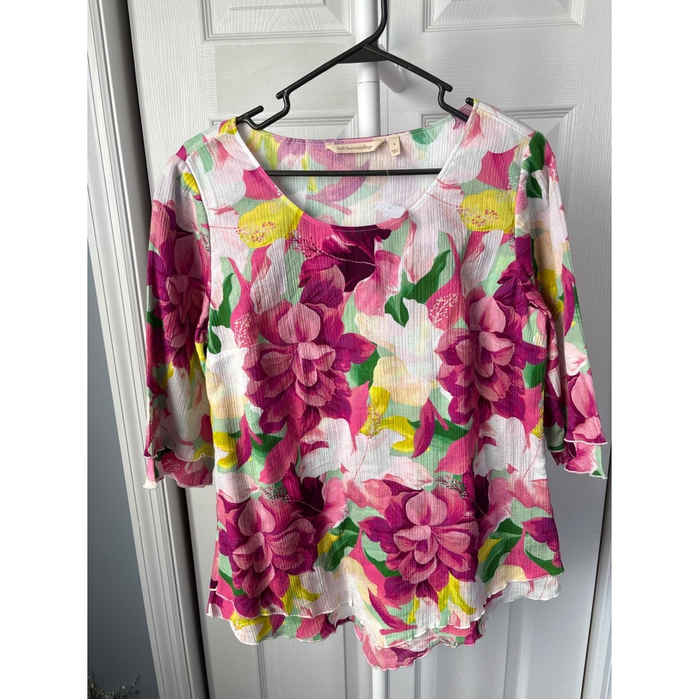 Soft Surroundings Womens Floral Hibiscus Crinkle Top 3/4 Sleeve Pink Multi S
